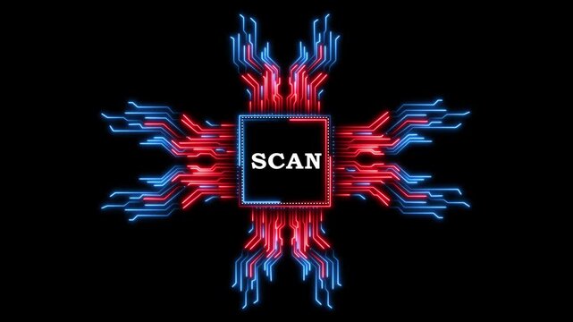 Abstract neon circuit board pulsing with scan data in futuristic motion graphics.