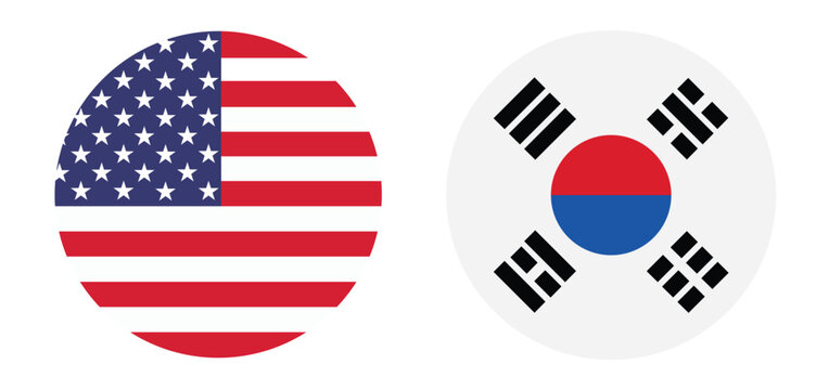 Displaying circular national flags of the United States and South Korea in a clean flat vector style