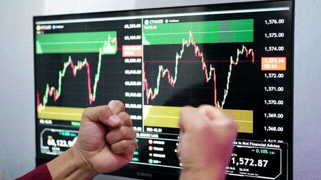 Over-the-shoulder view of a crypto trader analyzing crypto and stock charts live on a laptop using a trading platform application, with a happy and excited expression. Concepts of Business, Stocks, an