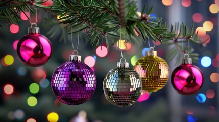 Fototapeta premium Colorful Christmas Ornaments Hanging on a Pine Branch with Blurred Festive Lights in the Background