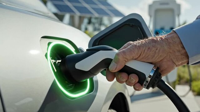 Charging an electric car at a station in bright sunlight with solar panels in the background