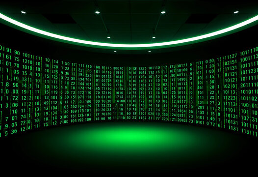 Digital binary code matrix in green lit studio