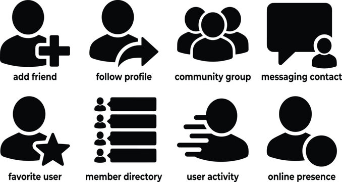 Social Media User Profile and Community Black Silhouette Icon Set for Digital Platforms