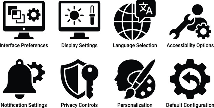 Settings and Preferences Icons Set for User Interface Configuration and System Management
