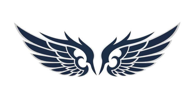 Symmetrical tribal wing motif featuring layered navy blue feathers with silver outlines, isolated on a white background. Stylized graphic illustration for tattoo, logo, or decal design.