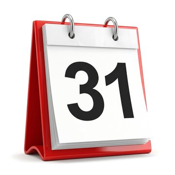 Calendar showing thirty first date on red stand 3d illustration on white background suitable for event planning marketing materials