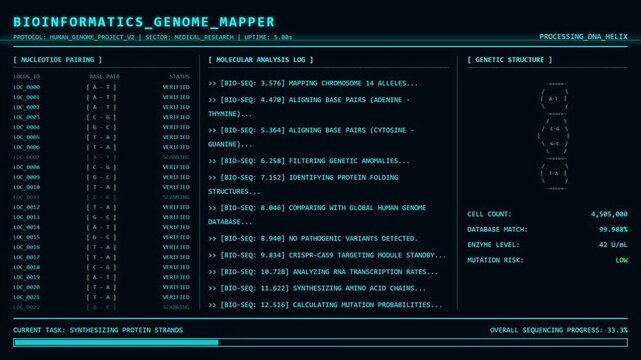 Futuristic bioinformatics genome mapper DNA sequencing computer interface dashboard.