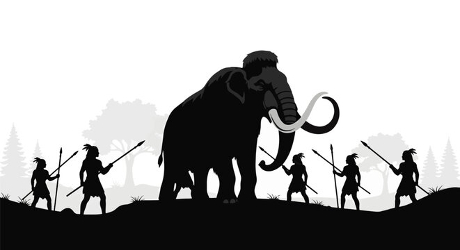Silhouette vector illustration of prehistoric hunters with spears surrounding a large woolly mammoth in an ancient landscape with trees and grass, isolated on white background.