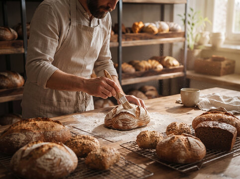 Artisan baker preparing sourdough bread in a traditional bakery, Enjoying Fresh Pastry at Cozy Autumn Bakery
