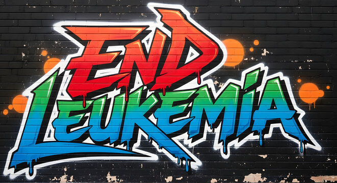 Colorful graffiti text on brick wall saying end leukemia transparent background
