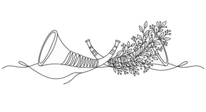 Minimalist black and white line art illustration of two interlocking cornucopia horns with decorative botanical leafy branches and berries on a plain white background for design.