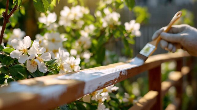 Worker hand, protected staining a wooden railing with paintbrush. White oil for protection of wood lattice with diagonal pattern. Painting for protecting pests. Applying finish to garden backyard deck