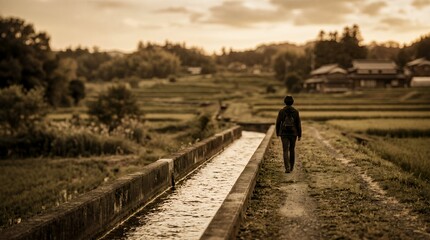 Obraz premium A Solitary Journey Through Golden Rice Fields at Sunset