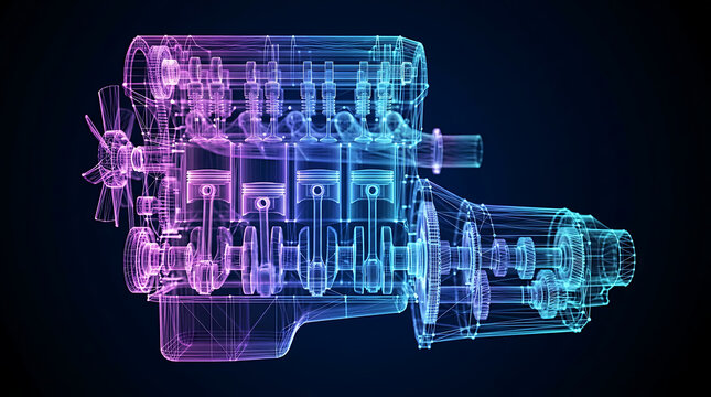 Futuristic Glowing Wireframe Internal Combustion Car Engine Hologram 3D Illustration