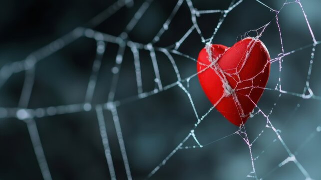 Red Heart Entangled in Delicate Spider Web Symbolizing Love and Vulnerability in a Dreamlike Atmosphere