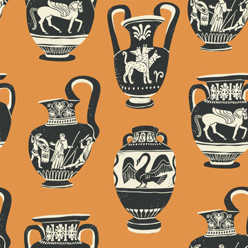 Old Amphora, vessel, vase set. Various shapes, different ancient ornaments, mythology scenes. Traditional mediterranean ceramic, clay work. Hand drawn Vector illustration. Square seamless Pattern