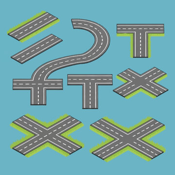 Collection of colorful road intersection symbols on blue background.