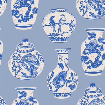 Traditional asian Chinese ceramic Vases. White blue porcelain. Dragon, fish, tiger, bird ornaments. Vintage oriental pottery. Various shapes. Hand drawn Vector illustration. Square seamless Pattern