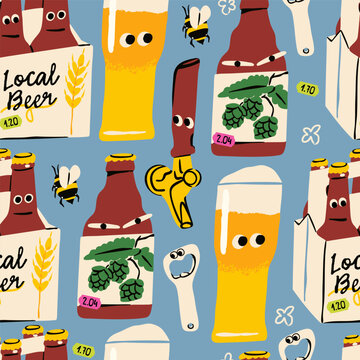 Cute Beer characters with eyes. Beer glass, bottle pack, opener, tap handle. Pub, brewery, bar menu concept. Hand drawn trendy Vector illustration. Square seamless Pattern, background, wallpaper