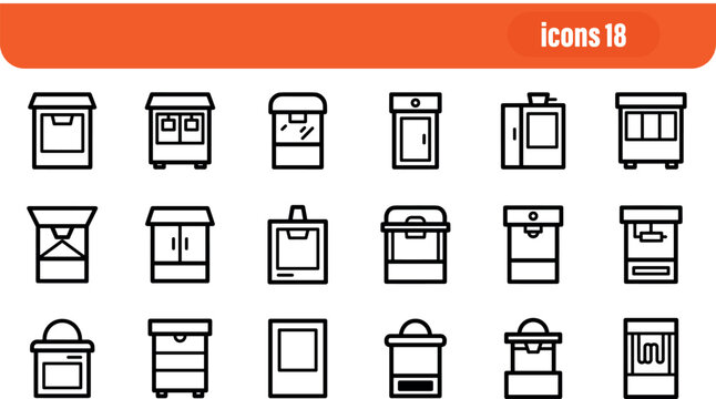 Set of 18 popcorn machine and snack equipment outline icons