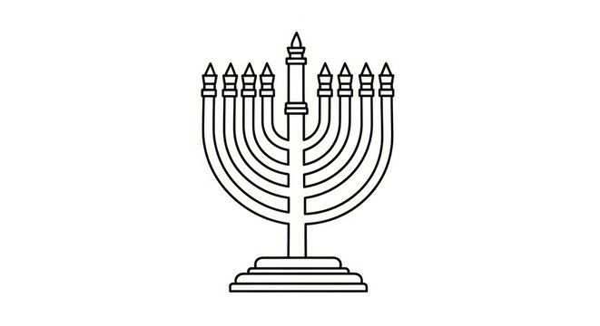 Minimalist black and white line art illustration of a traditional Jewish Hanukkah menorah.