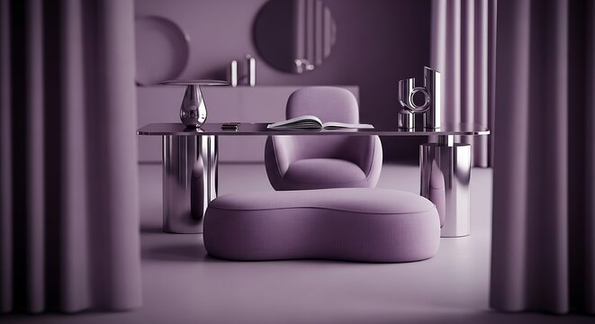 Modern purple lounge, minimalist interior design, luxury furniture, monochromatic decor