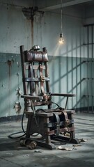Naklejka premium Old Wooden High Back Restraint Chair in Abandoned Factory Environment