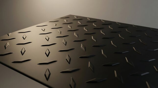 A close up view of a black metal surface featuring a classic industrial dimond plate pattern design for construction architecture and manufacturing flooring