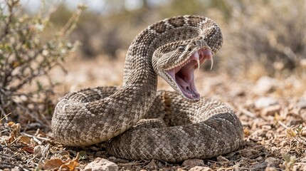 Naklejka premium Rattlesnake striking with open mouth showing fangs in dry desert terrain