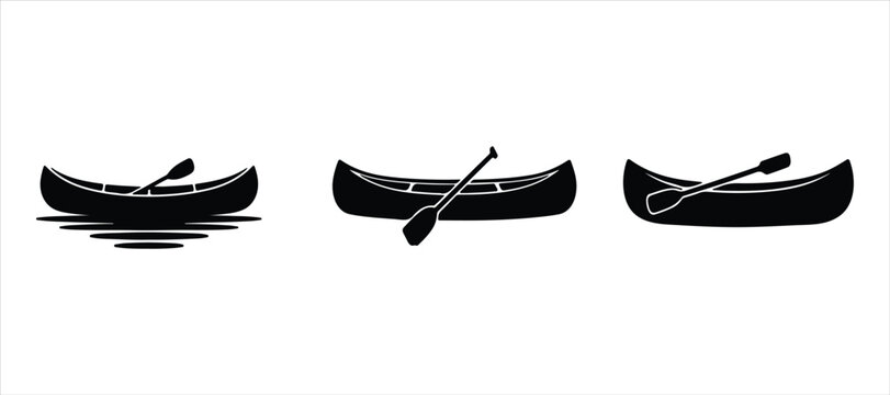 kayak boat canoe hand drawn illustration on white background, canoe boat silhouette vector logo set.