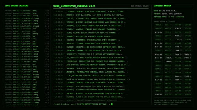 Futuristic green computer terminal diagnostic console with live packet routing and cloud server network data logs.