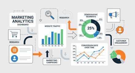 Obraz premium Professional marketing analytics dashboard infographic showing website traffic and customer engagement data visualization.