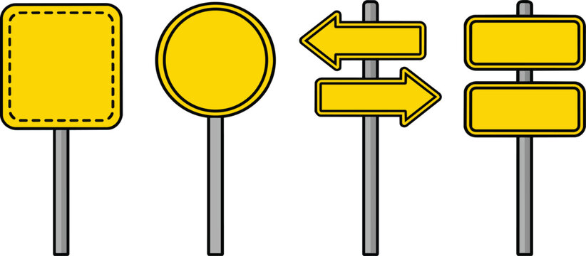Set of empty yellow road signs in various shapes presented as a vector on transparent background