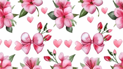 Obraz premium Delicate Pink Flowers and Hearts Pattern Design for Backgrounds and Textiles