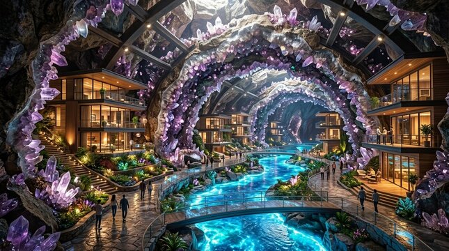 Crystal Caves Metropolis: A fantastical city built within a colossal geode, where modern architecture harmonizes with the shimmering beauty of amethyst and crystal formations.