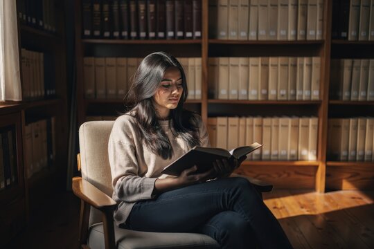Thoughtful Young Woman Reading Intently in Sunlit Library, Warm Afternoon Light Creating Soft Shadows, Surrounded by Tall Bookshelves, Earthy Tones and Wooden Textures, Capturing Intellectual