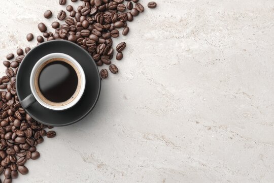 Freshly Brewed Black Coffee Cup with Espresso Beans on Light Stone Surface for Morning Drink and Caffeine Energy Boost