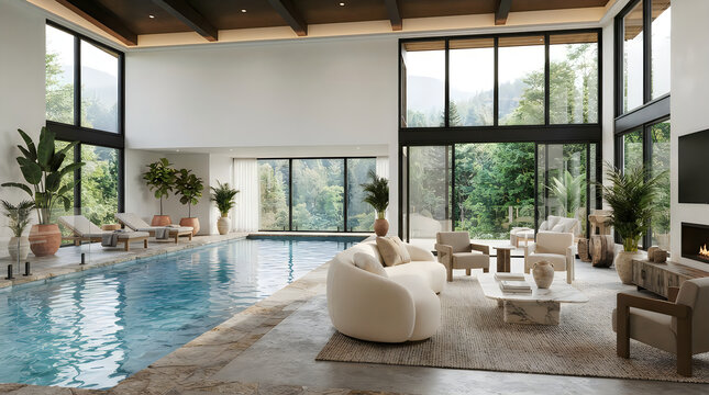 Spacious modern living room featuring an indoor pool and large floor to ceiling windows with forest view