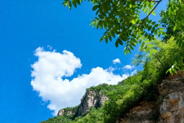 Fototapeta premium A rocky cliff covered in green vegetation under a bright blue sky with fluffy white clouds