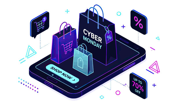 Isometric online shopping concept with bags and smartphone application