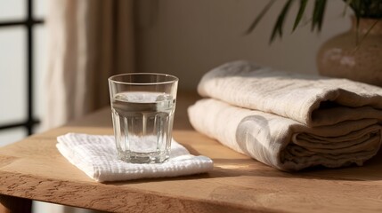 Fototapeta premium A clear glass of water sits on a white cloth beside folded beige towels on a wooden surface under warm sunlight