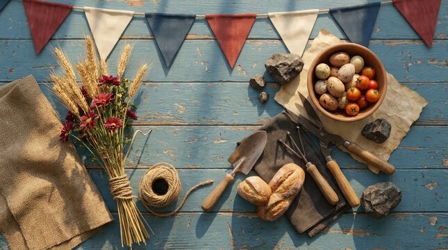 Farm Scene with Wheat, Eggs, Bread, and Gardening Tools on a Rustic Wooden Table Featuring Flowers, Vegetables, Countryside