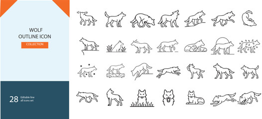 Minimalist wolf outline icon collection, 28 linear wolf vector symbols, modern thin line wild animal graphics for branding and logo design © Bilal