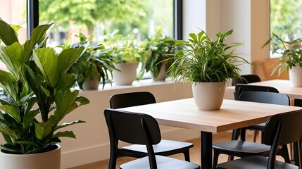 Fototapeta premium Modern caf interior featuring wooden tables black chairs and lush green potted plants near large