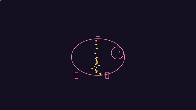 Abstract particle animation inside pink geometric oval shape on dark 4k background, motion