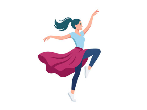 Graceful young woman dancing with elegant movements wearing a casual blue shirt and a flowing magenta skirt while smiling happily during a joyful performance depicted as flat vector on transparent bac