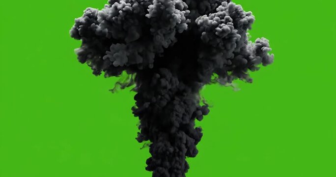 Heavy Black Smoke Explosion and Rising Plume on Green Screen