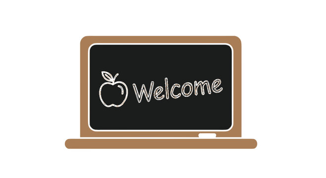 Laptop with welcome message screen.
