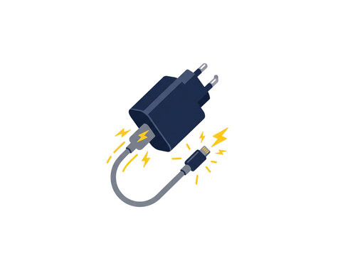 Modern dark blue electrical wall charger adapter with a USB cable attached featuring bright yellow lightning bolt icons representing fast power charging technology for mobile electronic devices on tra