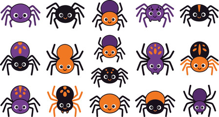 Obraz premium Cute halloween spiders collection vector illustration for seasonal decorations party supplies